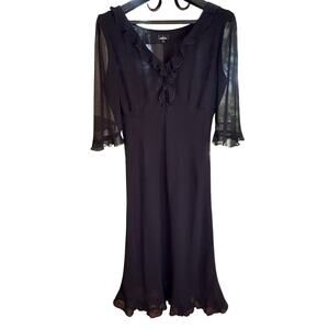 Mica Black Ruffle V-Neck Dress Rayon Sheer Lined 3/4 Sleeve Beautiful - Size 6